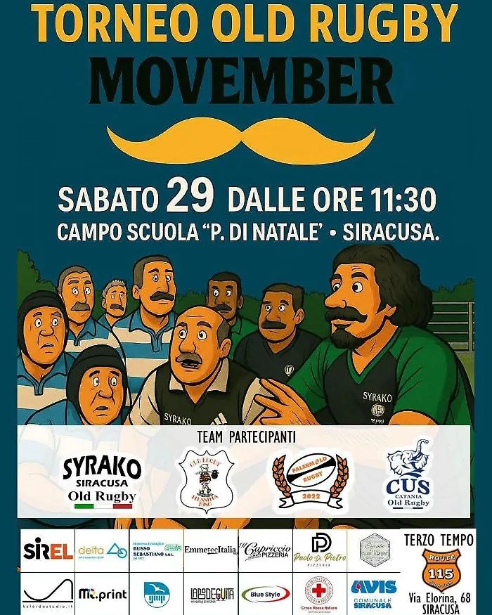 Rugby: domani in campo gli Old di Syrako e Movember Siracusa, Cus Catania, Messina e Palermo, accende i riflettori sulla salute maschile. 